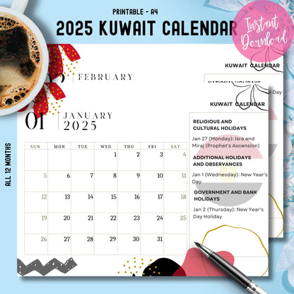 Main product cover showing January 2025 Kuwait calendar with religious and cultural holidays, coffee styling, and instant download badge