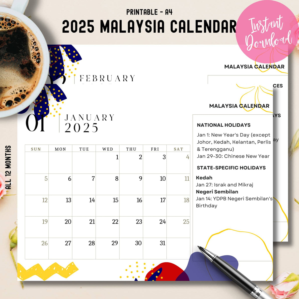 2025 Malaysia Calendar Printable with Holidays | Free Monthly Planner