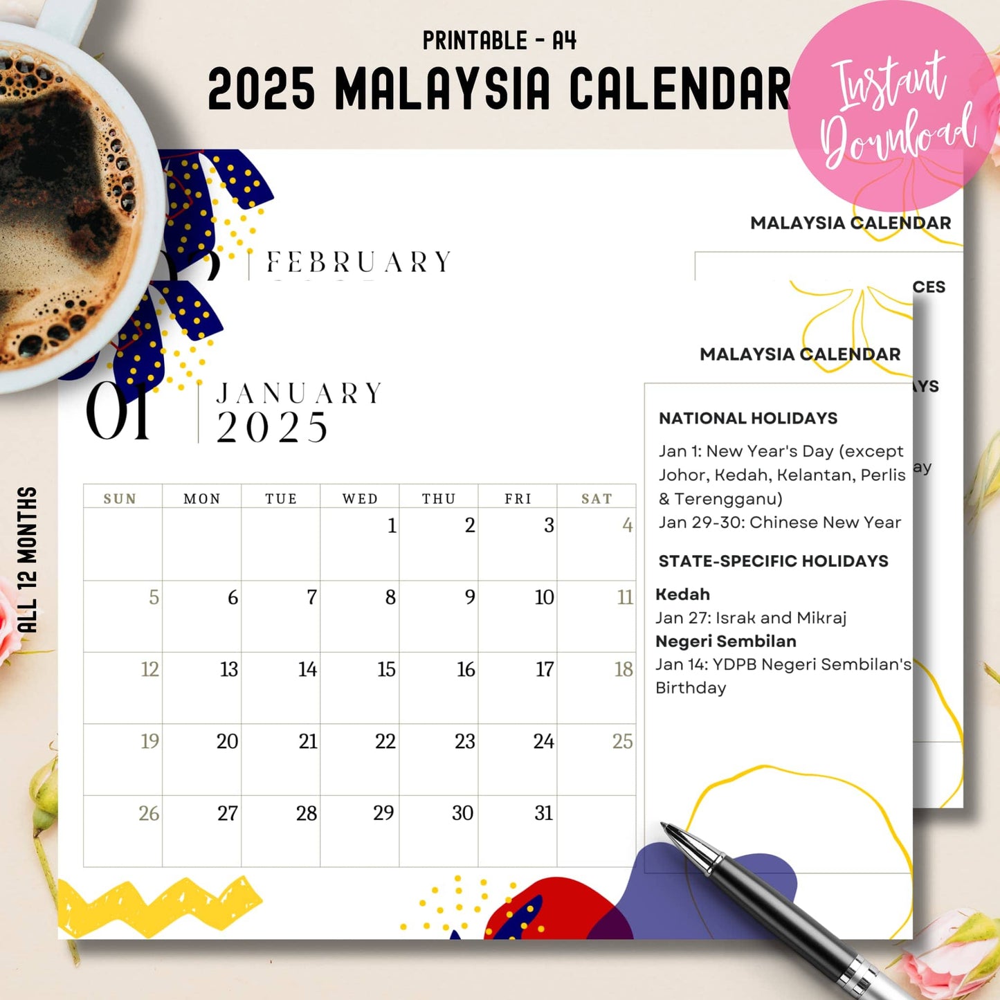 Main product cover showing January 2025 Malaysian calendar with multilingual holidays, coffee styling, and instant download badge