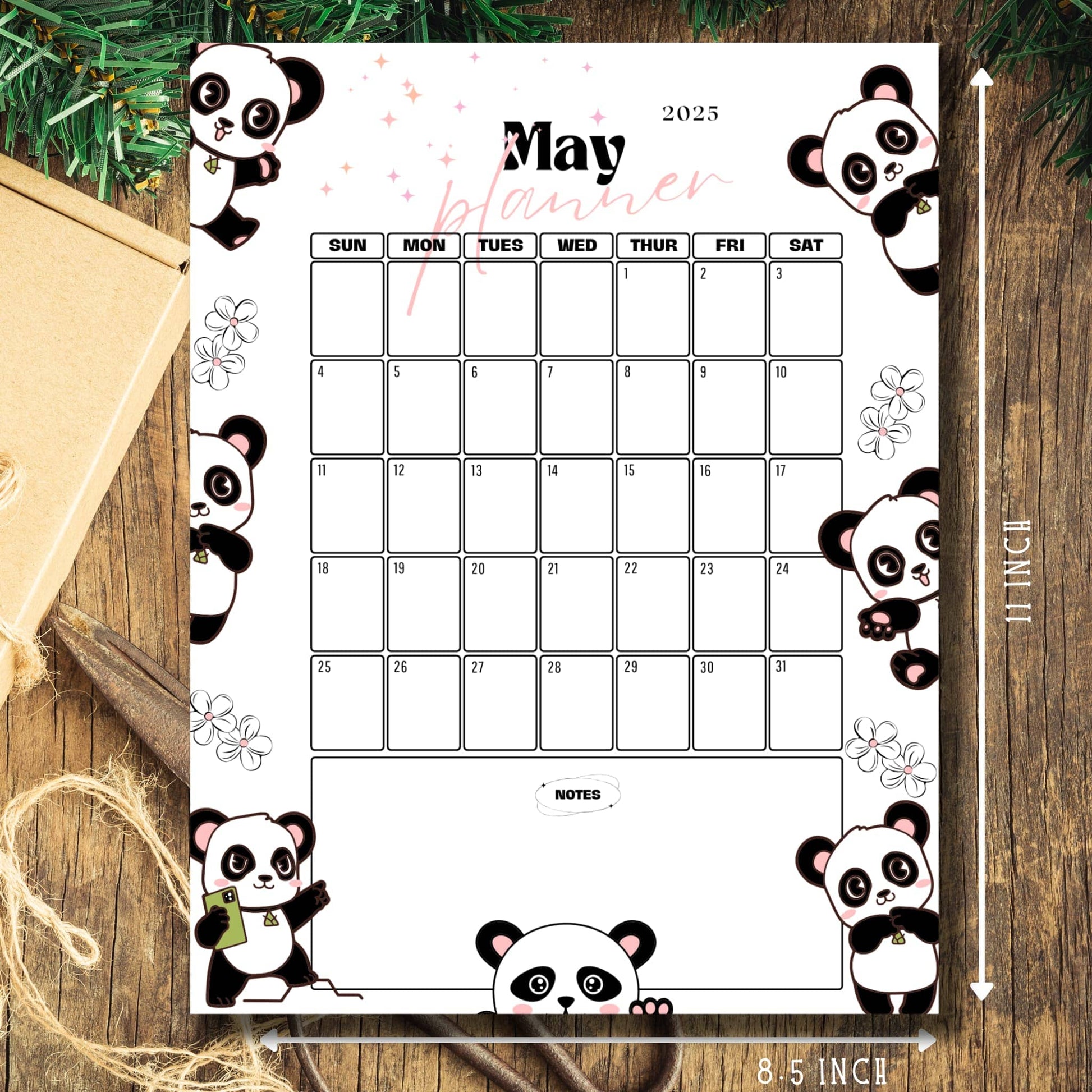 May 2025 printable calendar page with cute panda bears peeking from corners, cherry blossoms, and spacious daily boxes, A4 size with notes section