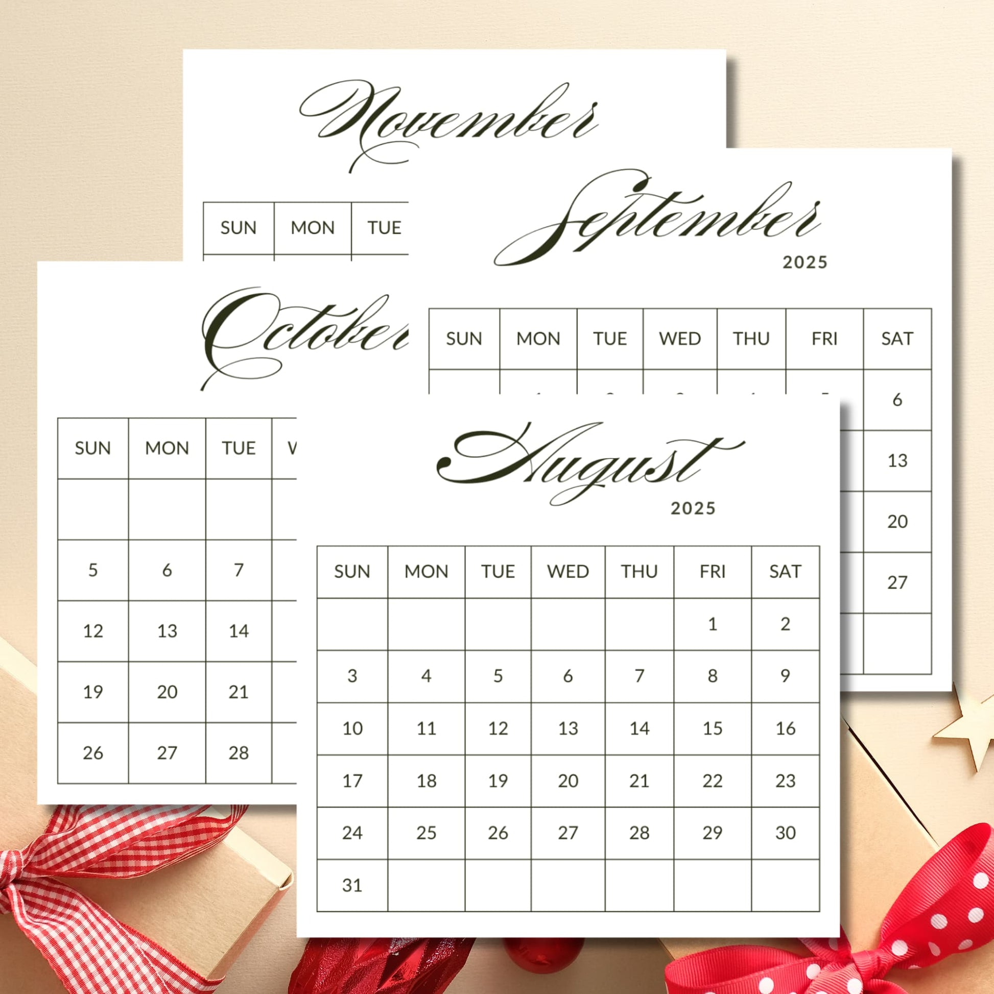 2025 desktop calendar pages featuring August, September, and October months with minimalist design, displayed with red gingham ribbon and decorative stars