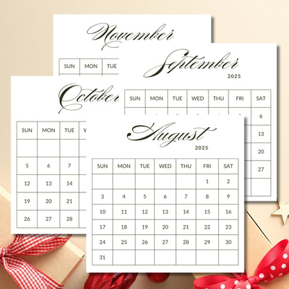 2025 desktop calendar pages featuring August, September, and October months with minimalist design, displayed with red gingham ribbon and decorative stars