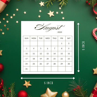 August 2025 calendar page showing 5x5 inch dimensions, displayed on green background with golden stars, red ornaments, and pine branches for scale reference