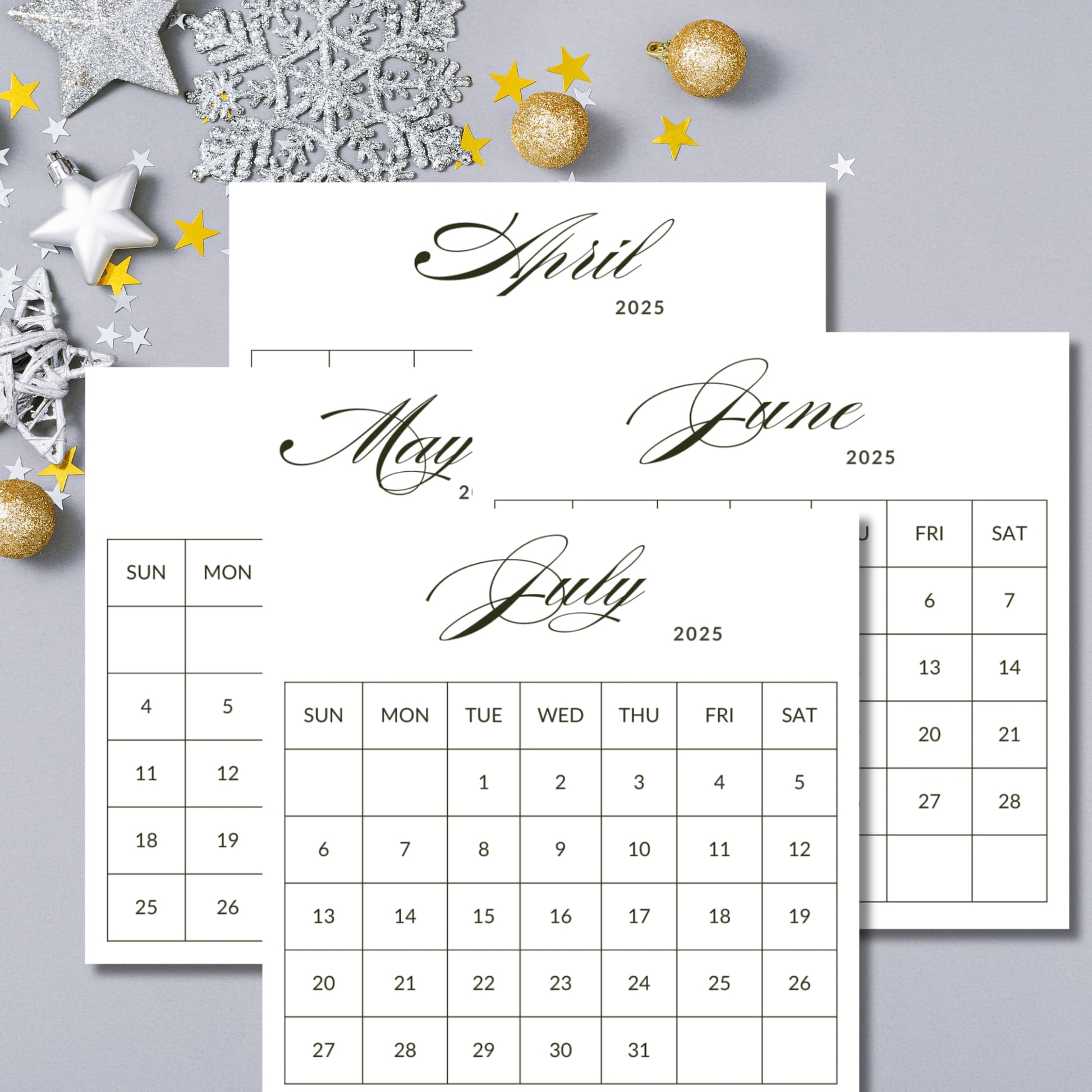 2025 minimalist calendar collection showing April, May, June, and July months with elegant script typography, arranged with silver snowflakes and gold ornaments