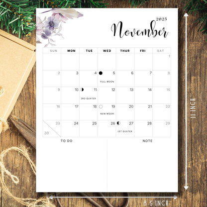 November 2025 printable calendar featuring delicate purple flowers and lunar cycle tracking, vertical layout with notes and to-do sections, A4 size