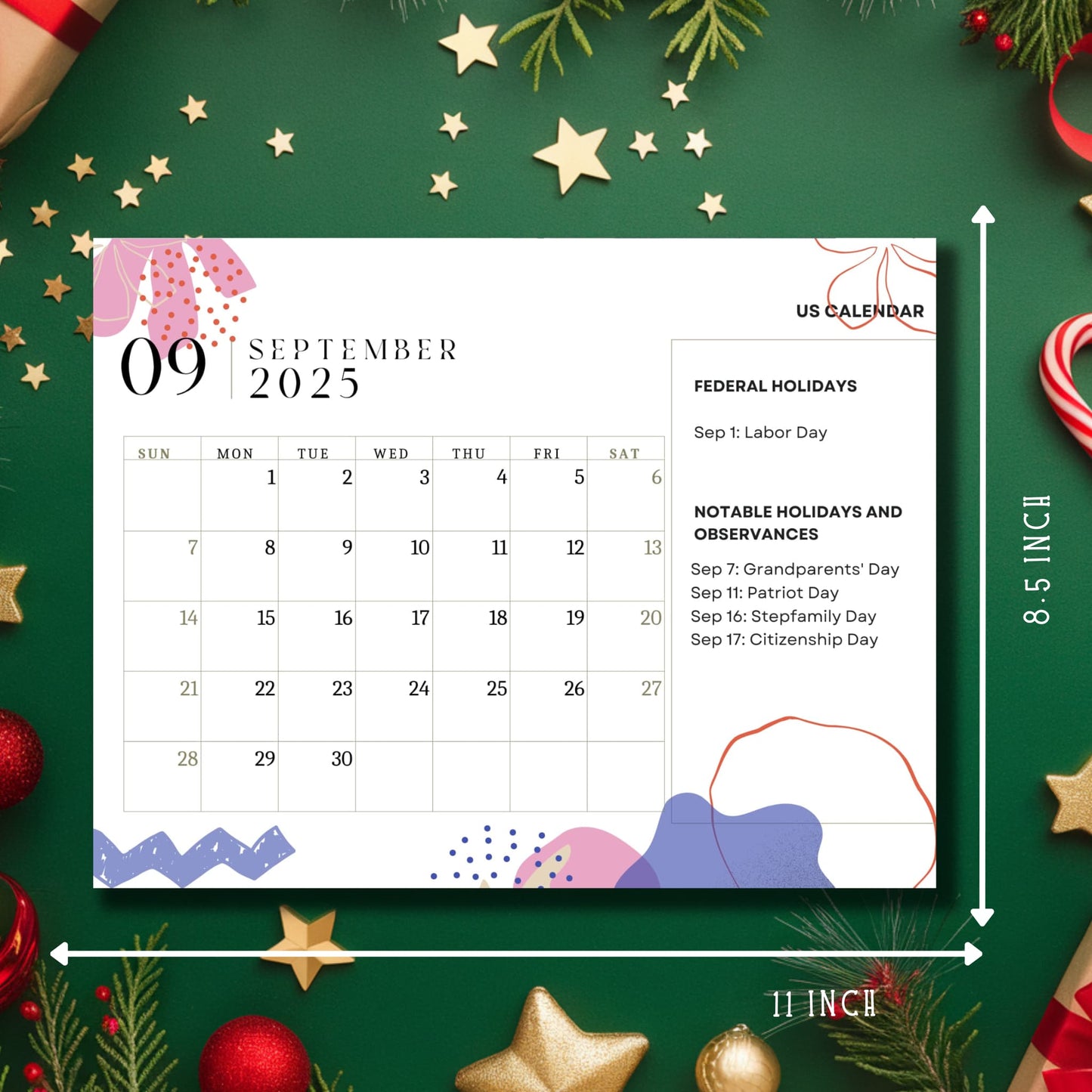 Three-month preview of 2025 calendar showing February to April with pink floral design elements, US federal holidays listed, and notable observances including Easter and Earth Day on clean white pages with decorative borders