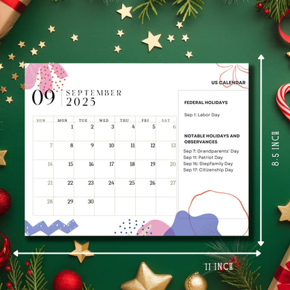 Three-month preview of 2025 calendar showing February to April with pink floral design elements, US federal holidays listed, and notable observances including Easter and Earth Day on clean white pages with decorative borders