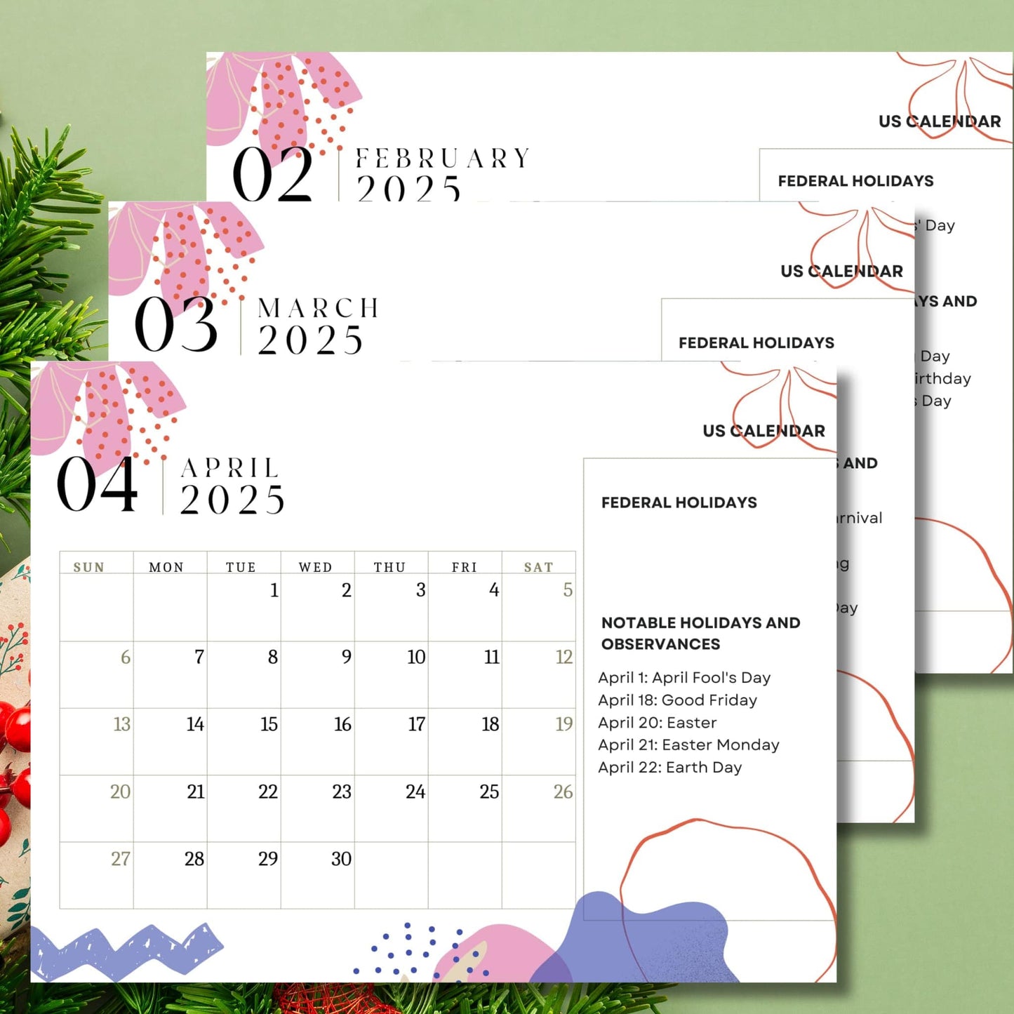 September 2025 calendar page with dimensions marked as 11 inch width and 8.5 inch height, showcasing federal holidays including Labor Day, styled with pink and blue abstract elements against festive green background with golden stars