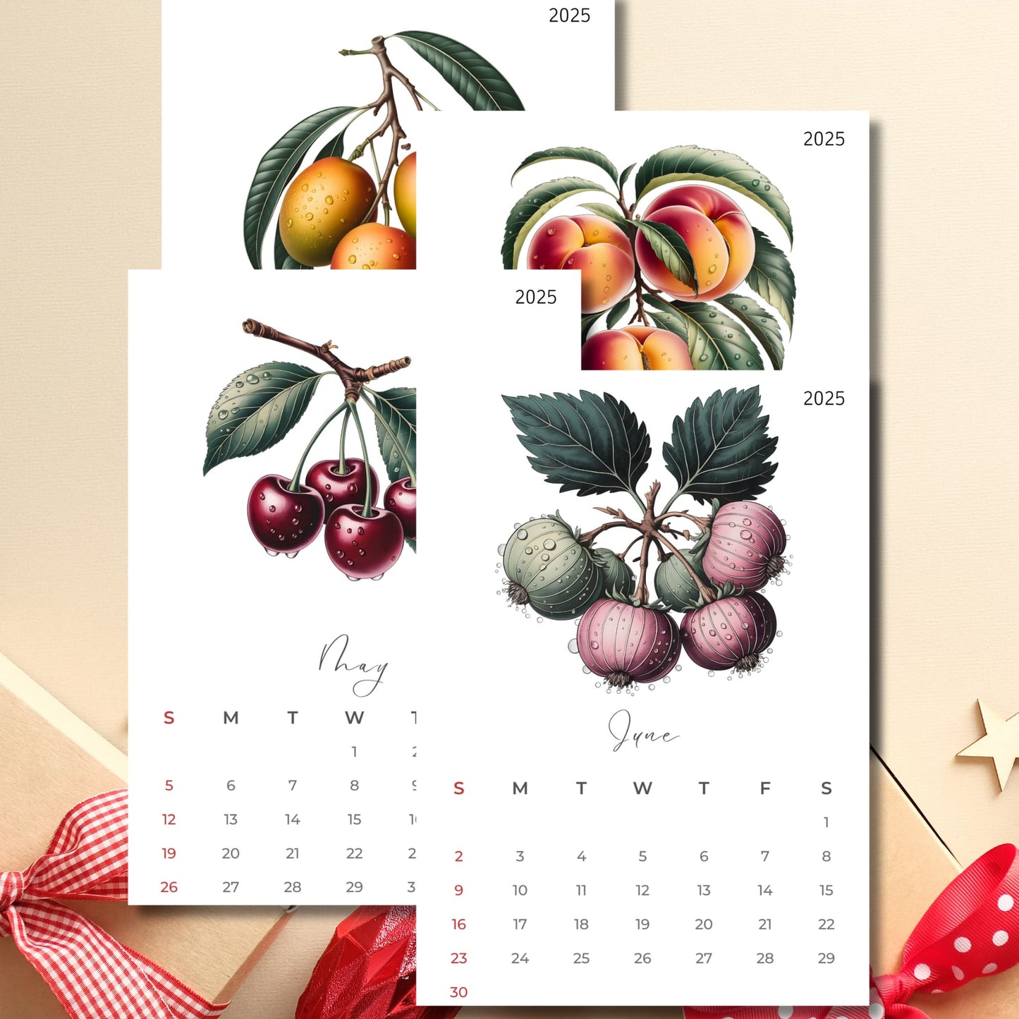 2025 calendar pages showing May and June months, decorated with detailed watercolor illustrations of cherries, mangoes, peaches, and gooseberries, Sunday start vertical layout on cream background