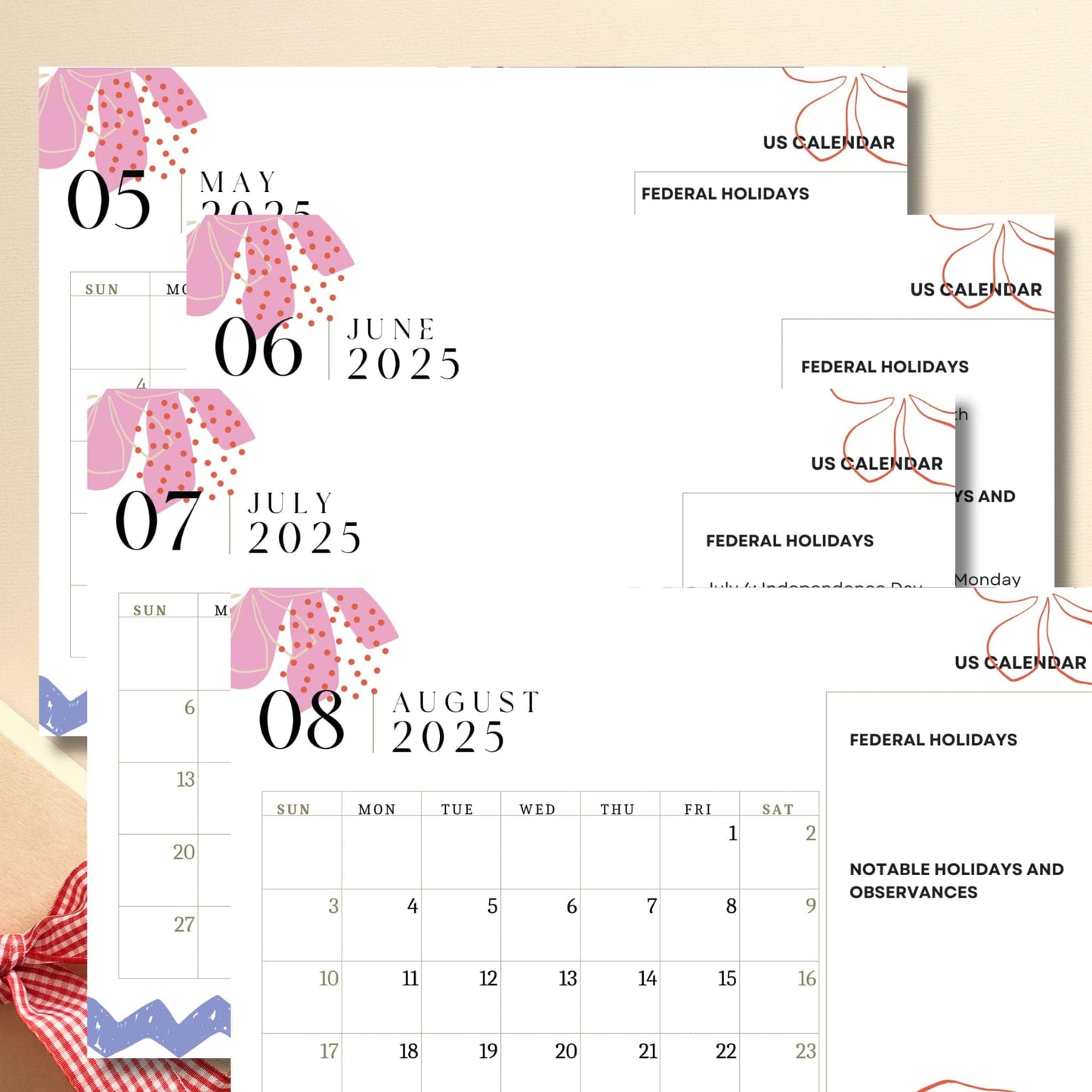 Four-month view of 2025 calendar displaying May through August, featuring modern pink dotted design elements, federal holidays section, and clean grid layout perfect for planning on white background with geometric accents