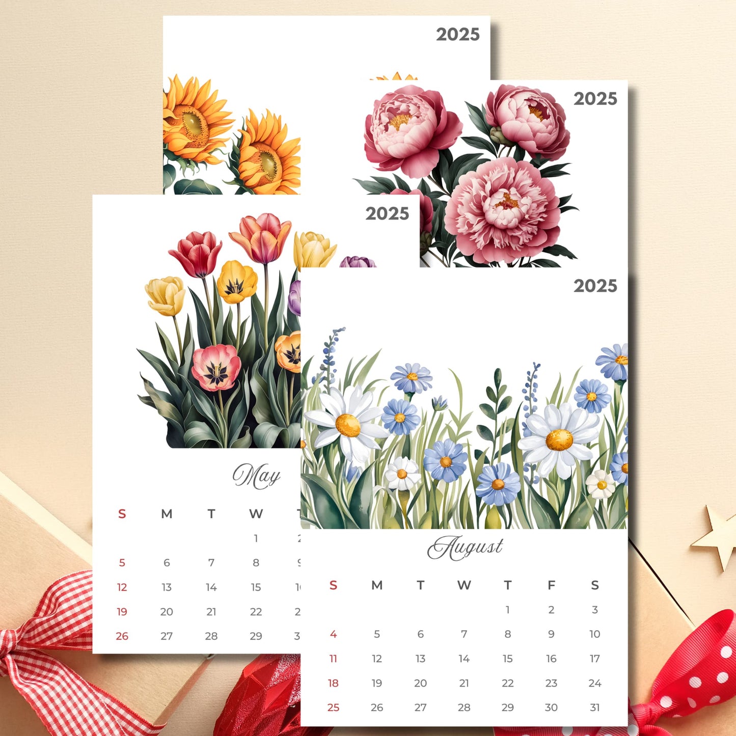 2025 calendar pages showing May and August months, decorated with vibrant watercolor sunflowers, tulips, peonies, and summer daisies, vertical layout with Sunday start