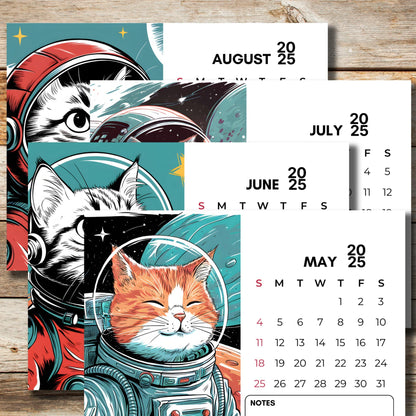 May to August 2025 calendar spread with illustrated space cats, including ginger cat in spacesuit against teal cosmic background, landscape layout