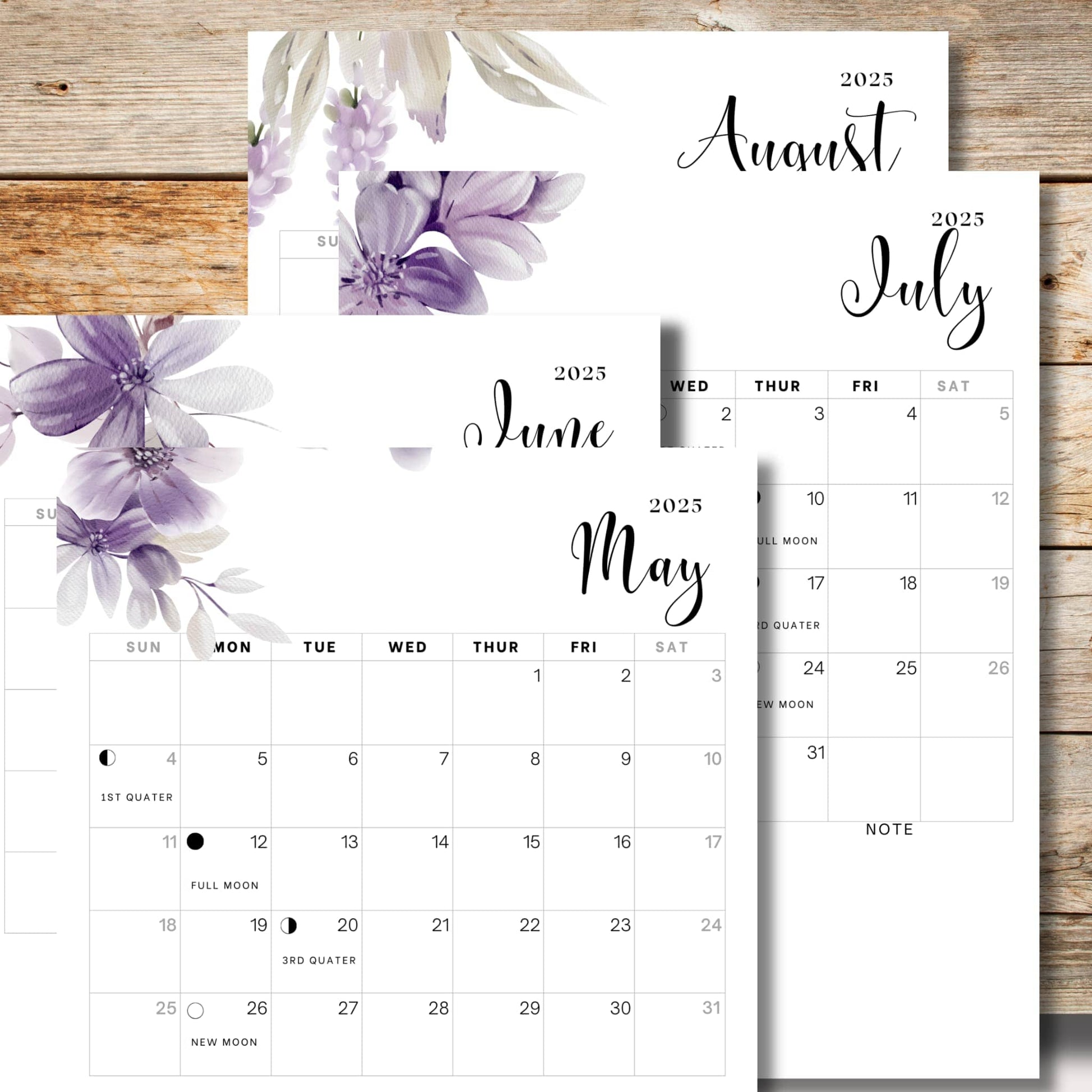 May to August 2025 calendar spread adorned with soft purple florals, complete moon phase tracking, and minimalist design for productivity