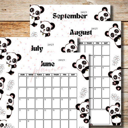 June to September 2025 calendar pages featuring playful pandas with bells, pink accents, and flower decorations, vertical layout with notes area