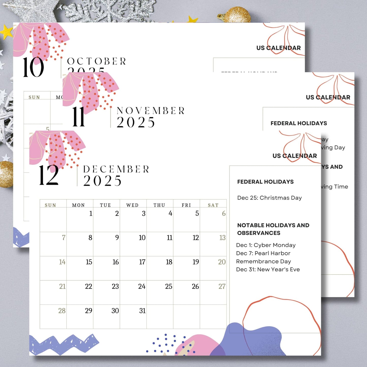 End-of-year calendar preview showing October through December 2025, featuring holiday listings including Christmas Day and New Year's Eve, decorated with pink floral elements and silver snowflake accents on gray background