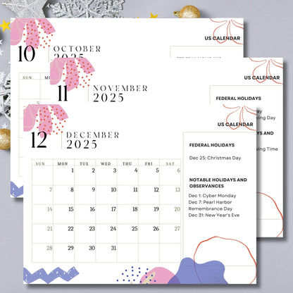 End-of-year calendar preview showing October through December 2025, featuring holiday listings including Christmas Day and New Year's Eve, decorated with pink floral elements and silver snowflake accents on gray background