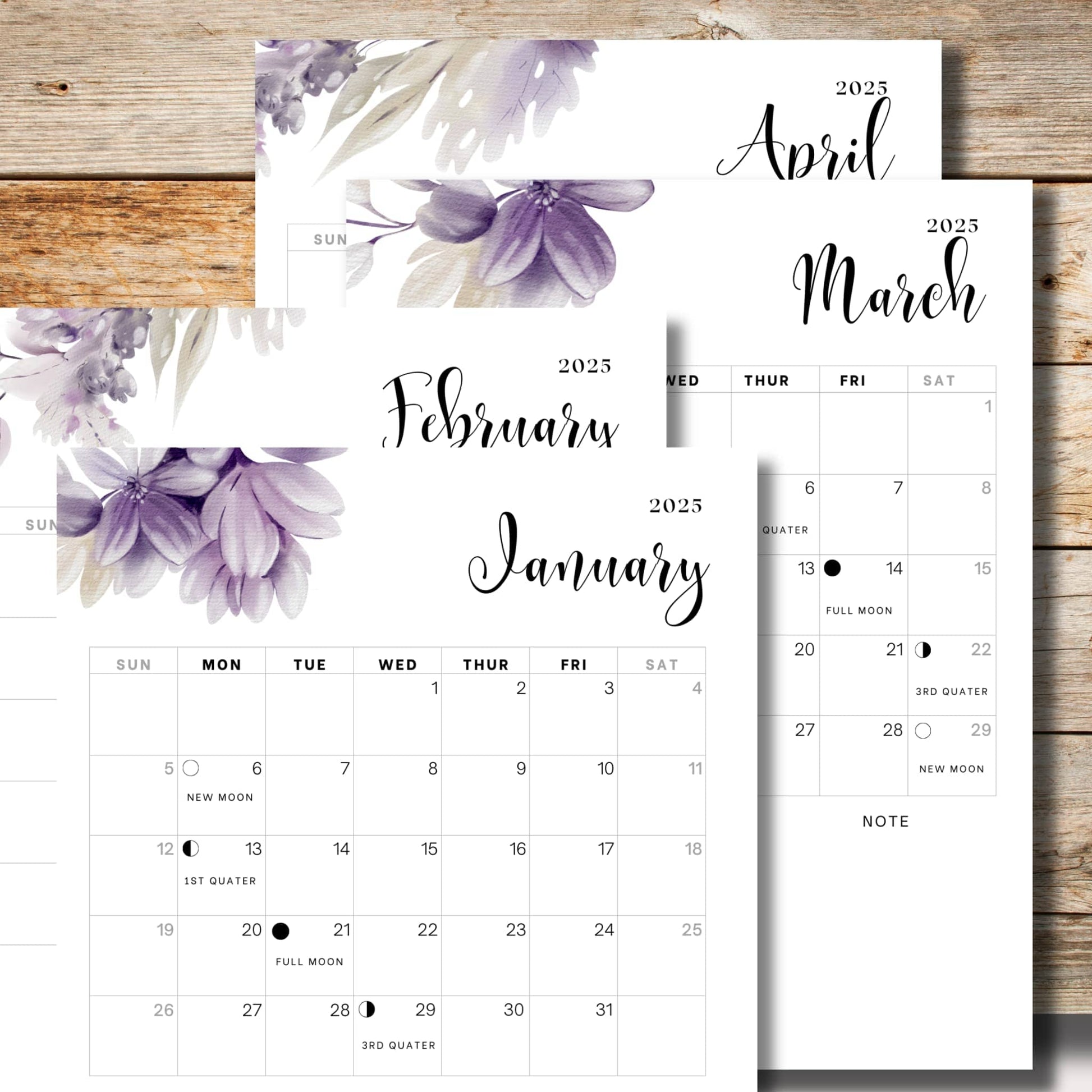 anuary to April 2025 monthly planners with elegant purple flower illustrations, lunar cycle indicators, and spacious daily boxes, A4 format