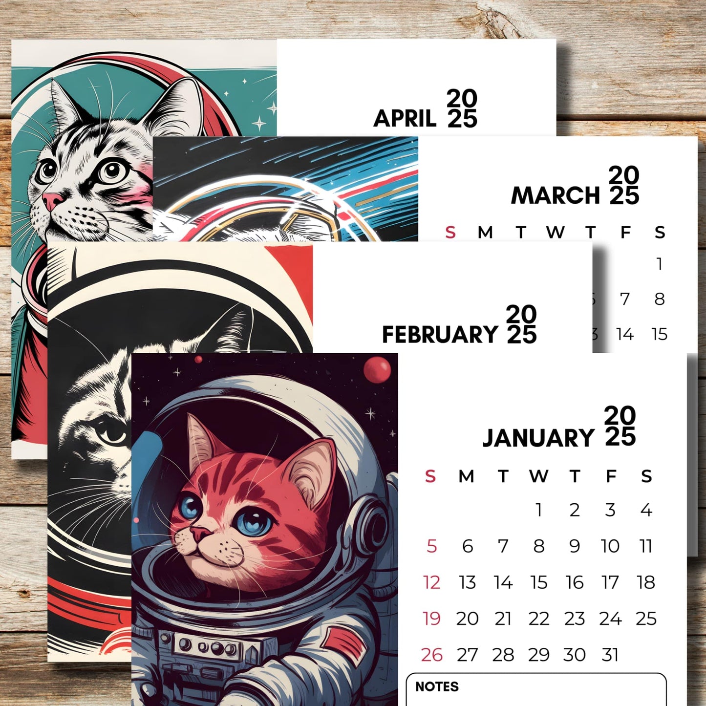 January to April 2025 calendar collection featuring artistic black and white cats in space helmets, modern minimalist design with red accent dates