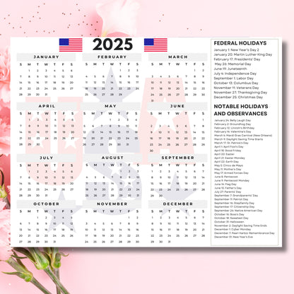 2025 annual calendar featuring all 12 months on one page with US flag headers, federal holidays list, and notable observances including MLK Day to New Year's Eve, displayed on pink floral background with rose stem accent