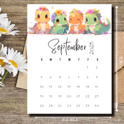 Instantly downloadable A4-sized September 2023 calendar with adorable dino designs, perfect for children's scheduling needs.