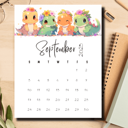 Digital download of a September 2023 calendar adorned with playful dinosaurs, sized at 8.5x11 inches for versatile printing options.