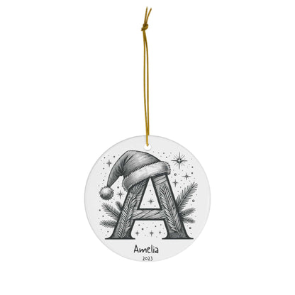 Christmas Monogram Ornament Initial A 2023 3mm Round Ceramic (Four Shapes) | Alphabet Initial Letter Pendant | Customized Christmas Tree Ceramic Hanging Ornaments | Custom Keepsake Gift for Colleagues | Xmas Holiday Decoration