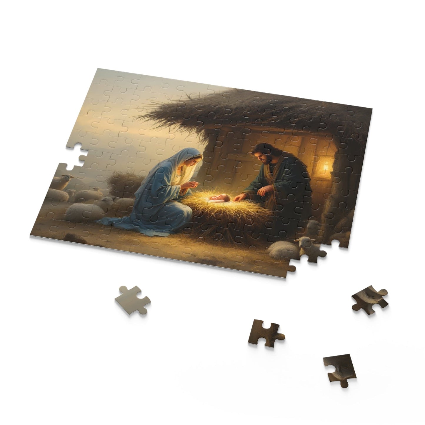 SARSARI Born in a Barn Nativity Jigsaw Puzzle Games (120, 252, 500 pieces) for Adults | Educational Brain Toys | Holiday Religious Gift for Family