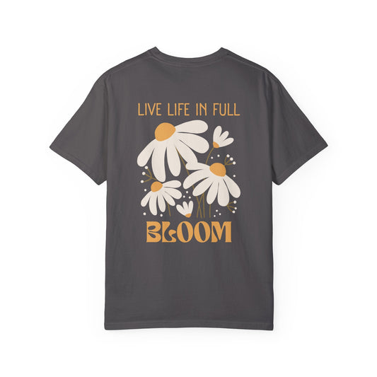 Life In Full Bloom Floral Back Print Graphic Tee for Women - Graphite/Black, Abstract Flower Nature Shirt