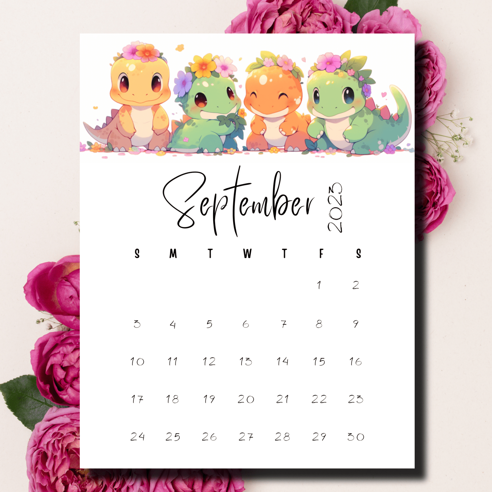 A4-sized Printable September 2023 calendar decorated with charming dinosaur characters, aimed at making planning exciting for kids.