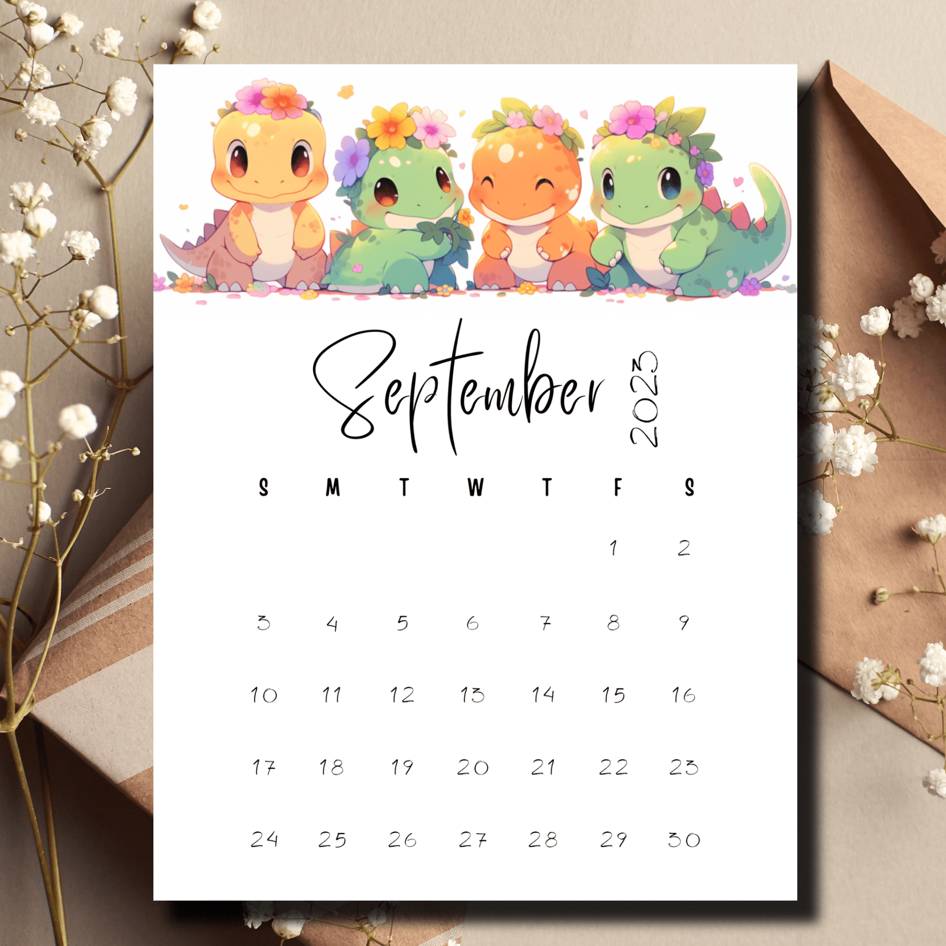 High-quality digital file of a September 2023 calendar featuring cute dinosaurs, suitable for both print and digital planning for children