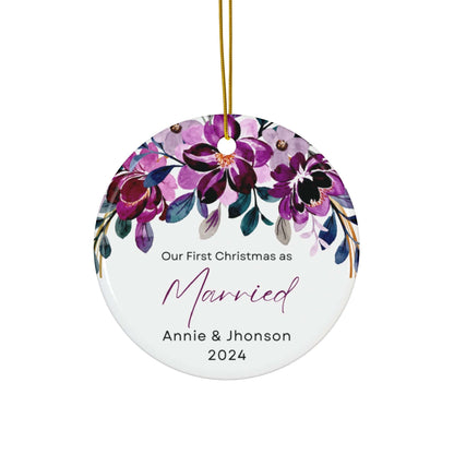 Purple White Minimalist Married Mr Mrs Customized Circle Ceramic Bauble for Christmas 2024 (3mm) | Husband & Wife Wedding Gift First Christmas Tree