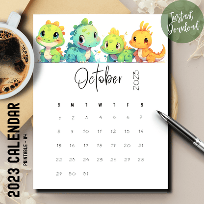 Printable October 2023 calendar with fun dinosaur illustrations, designed to engage kids in planning and organization.