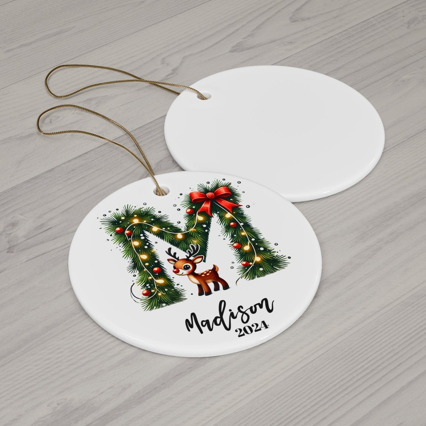 Green Black Reindeer Themed "M" Monogram Letter Initial with Custom Name Flat Circle Ceramic Ornament for Christmas 2024 (3mm) | Xmas Tree Hanging Holiday Souvenir for Couples