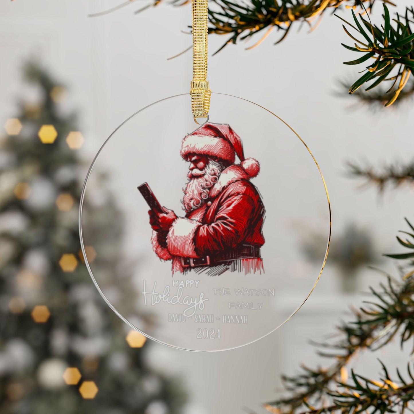 Red White Custom Family Name Acrylic Ornament for Christmas with Reading Santa Illustration (3.5inch) - Circle Shape | Xmas Keepsake Gift for Family, Friends, Coworkers, Employees