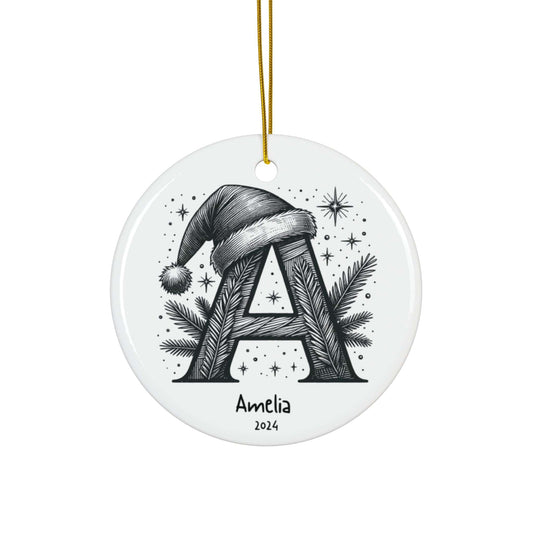 White & Black "A" Retro Letter Monogram Custom Porcelain Ornament 2024 (3mm) - Circle Shape | Family Christmas Gift Tradition