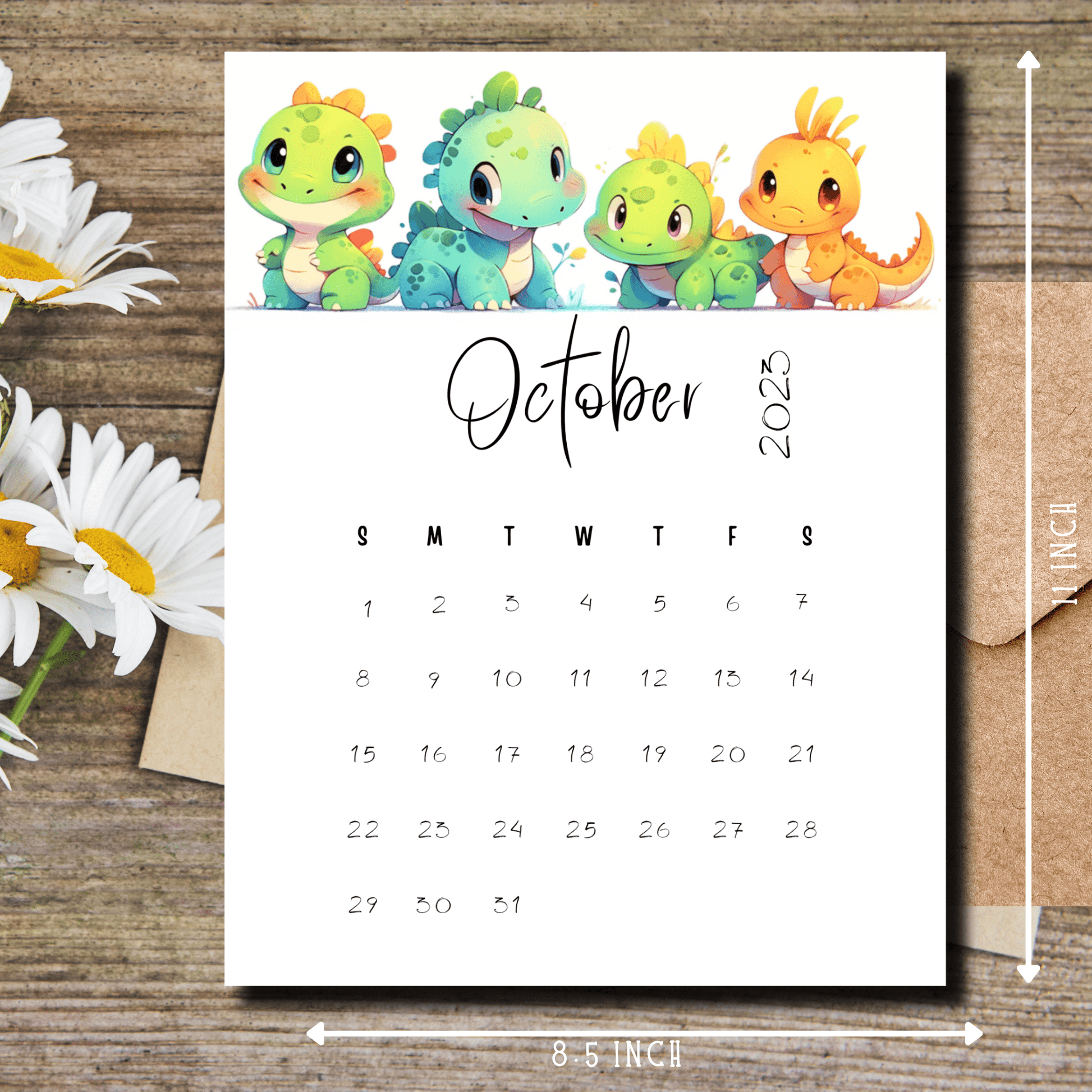 Instantly downloadable A4-sized October 2023 calendar featuring adorable dino designs, perfect for children's scheduling needs.