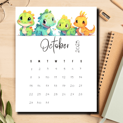 Digital download of an October 2023 calendar adorned with colorful dinosaurs, sized at 8.5x11 inches for easy printing.