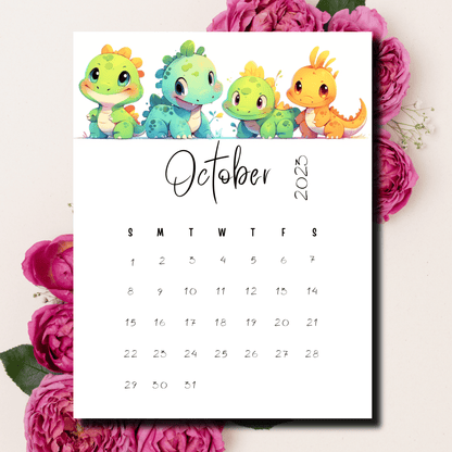 A4-sized Printable October 2023 calendar decorated with cute dinosaur characters, aimed at making planning enjoyable for kids.