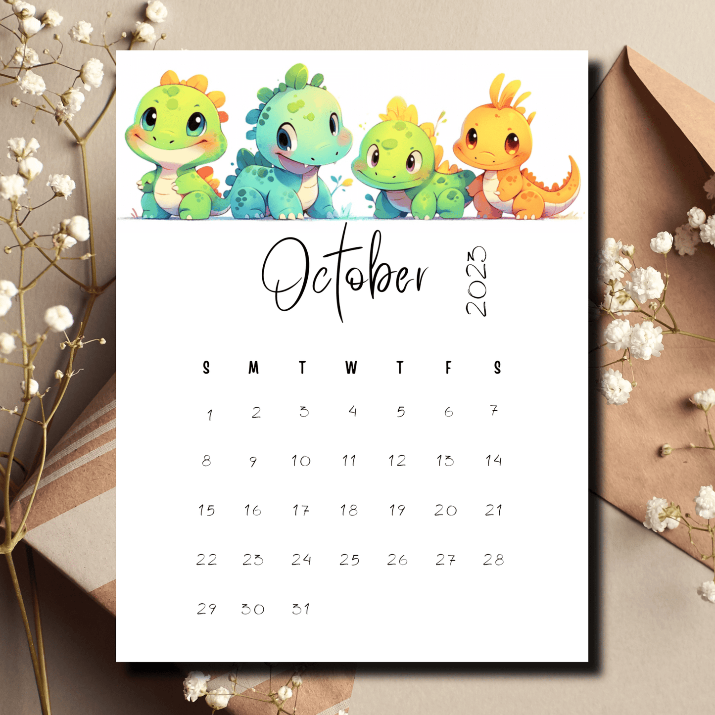 High-resolution digital file of an October 2023 calendar featuring playful dinosaurs, suitable for both print and digital planning for children.
