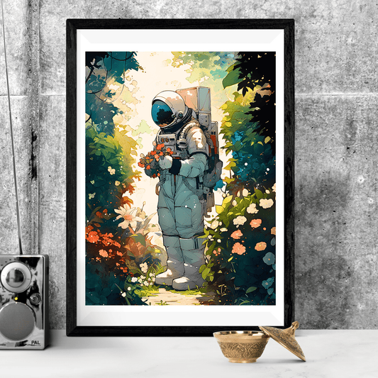 2023 Printable Anime Astronaut Plucking Flowers in Garden Unframed Digital Aesthetic Wall Hanging Home Decor Digital Download