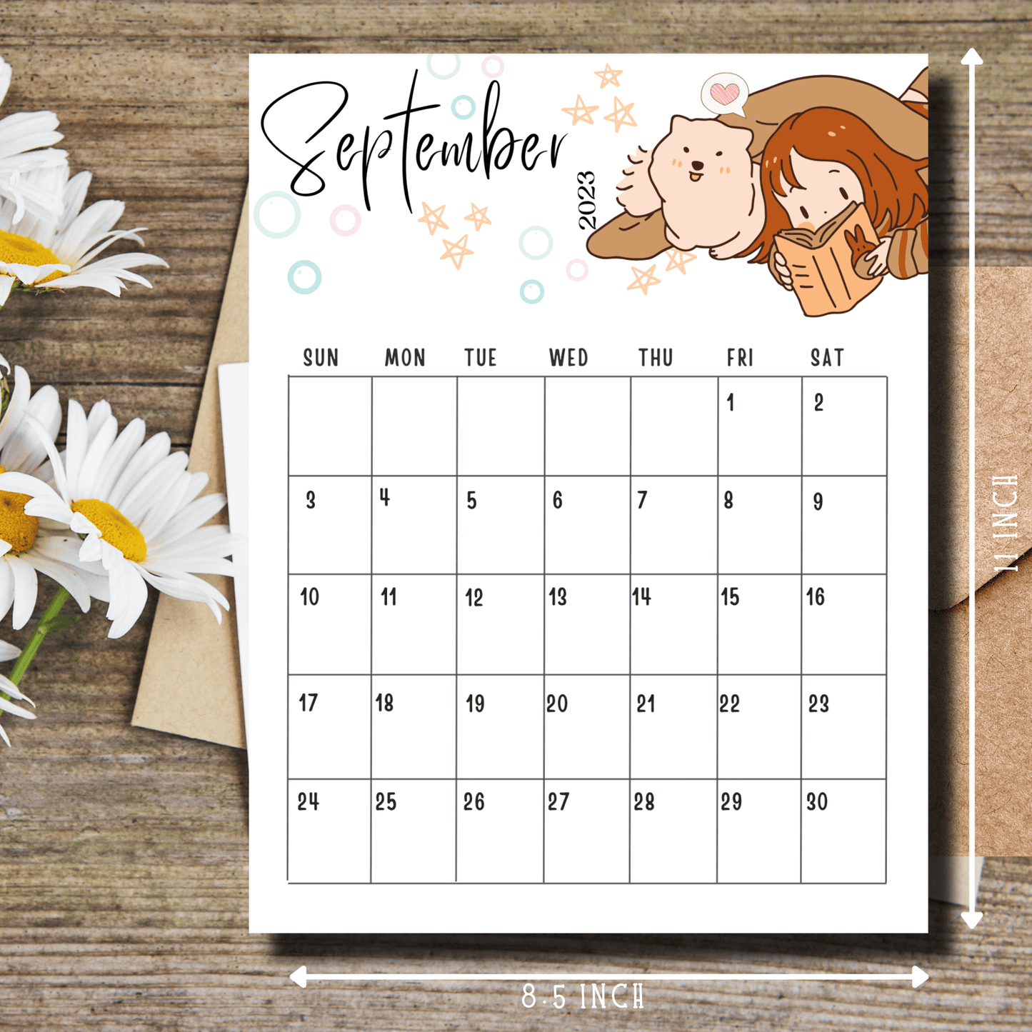 Digital download of a September 2023 chibi-themed calendar, perfectly sized at 8.5x11 inches for easy printing and planning.