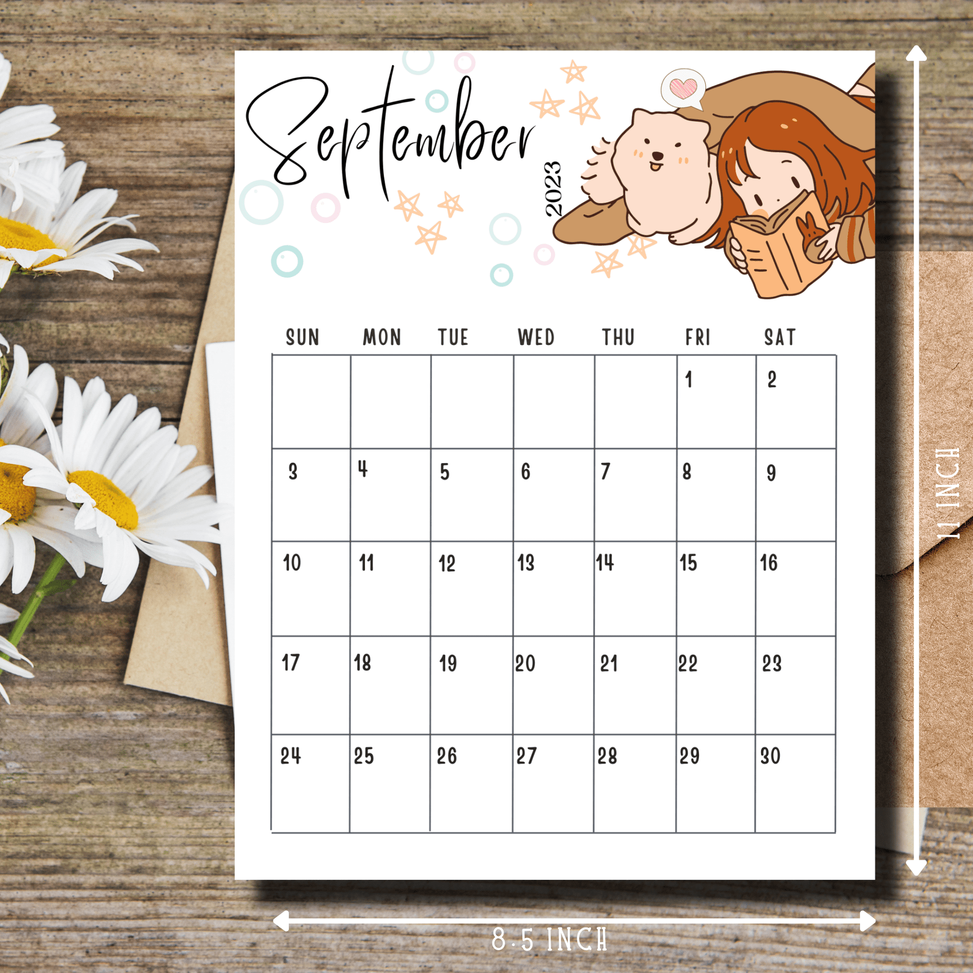 Digital download of a September 2023 chibi-themed calendar, perfectly sized at 8.5x11 inches for easy printing and planning.