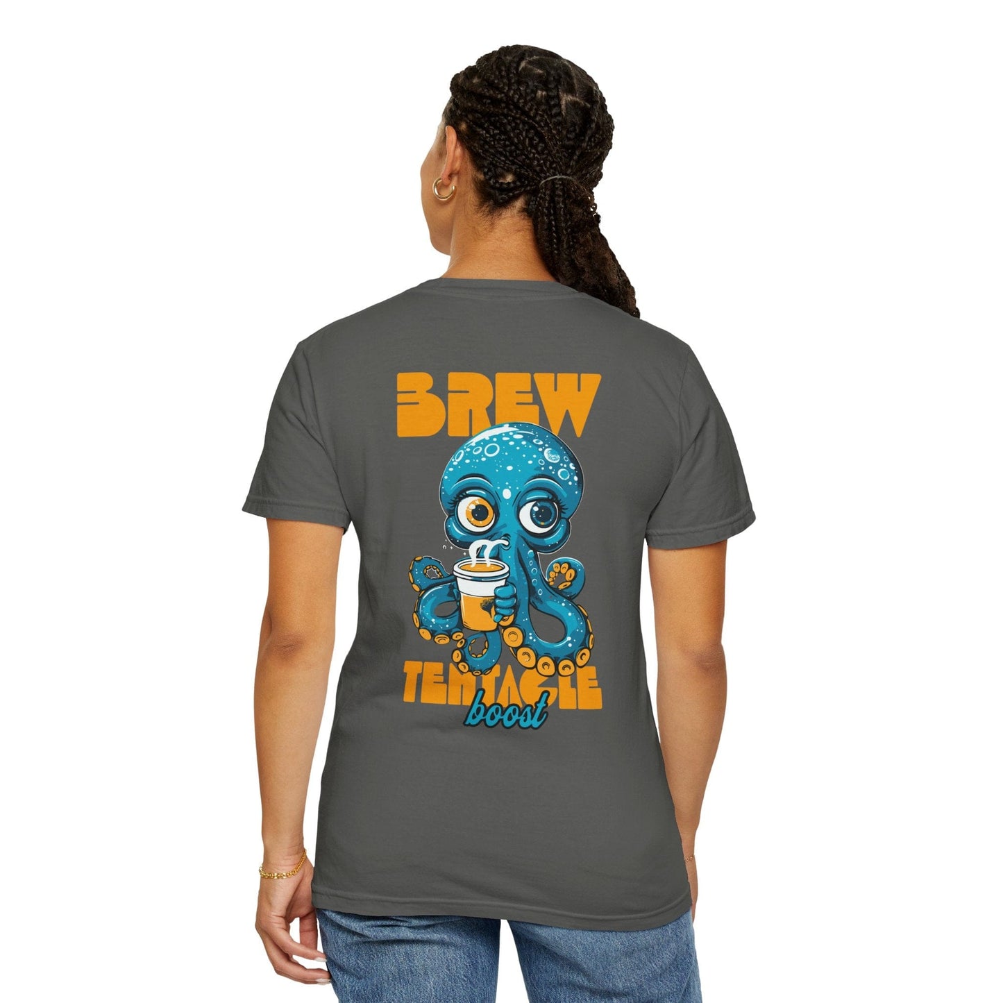 Funny Brewing Octopus Cotton Graphic T-shirt Back Print Unisex - Graphite/Pepper, Trendy Coffee Lover Shirt