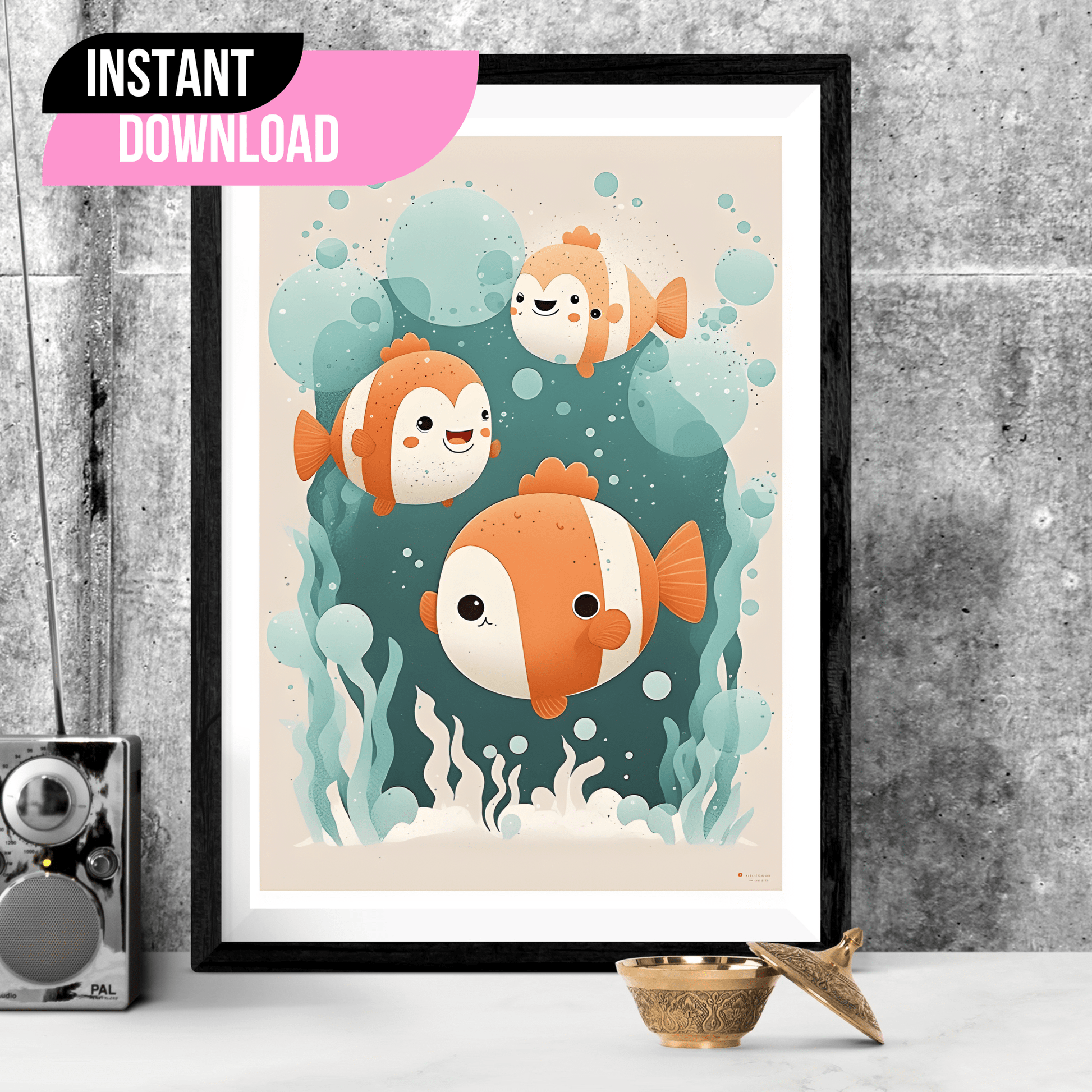 framed poster of a clown fish in teal and orange on a table