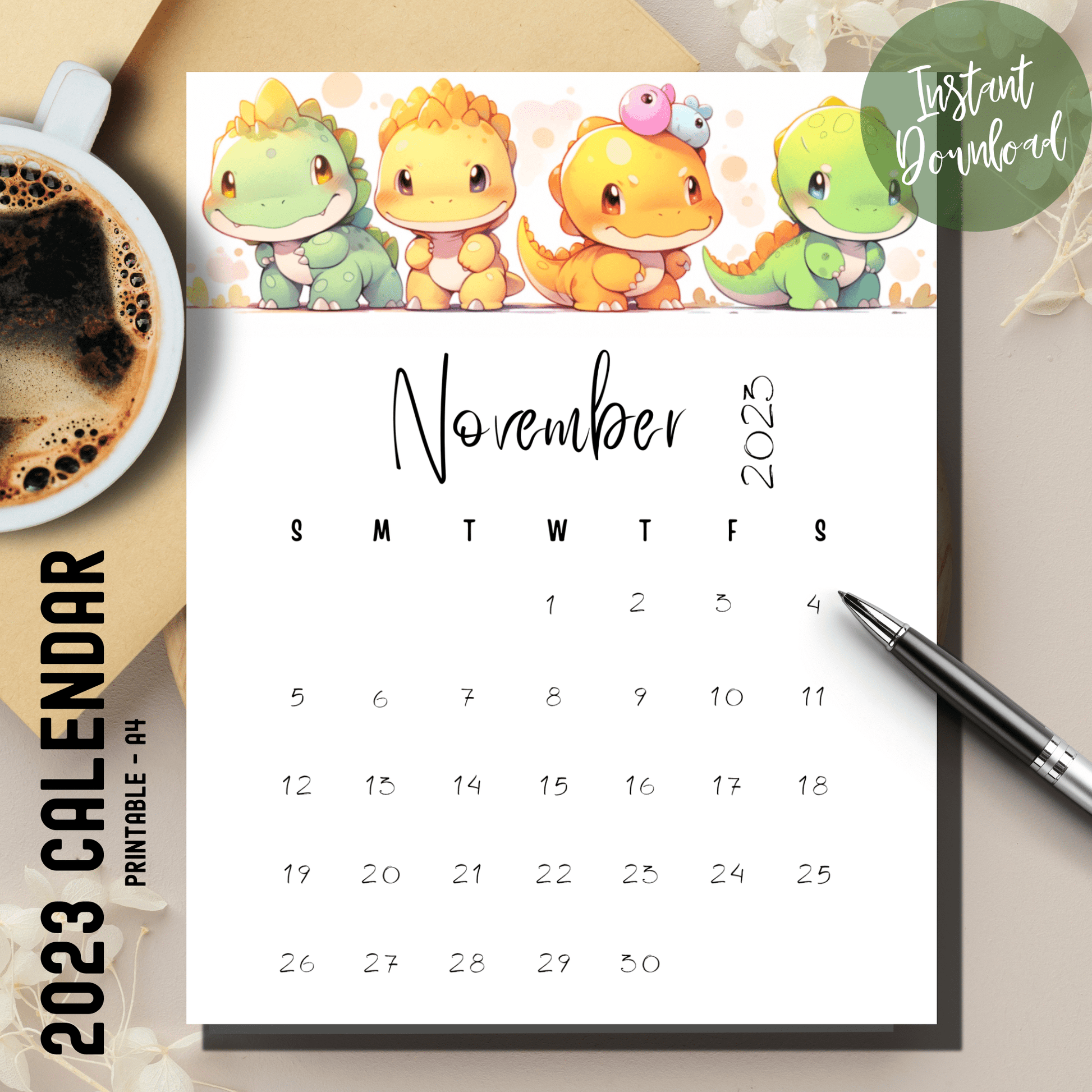 A4-sized Printable November 2023 calendar with cute dinosaur designs, suitable for both print and digital planning for kids.