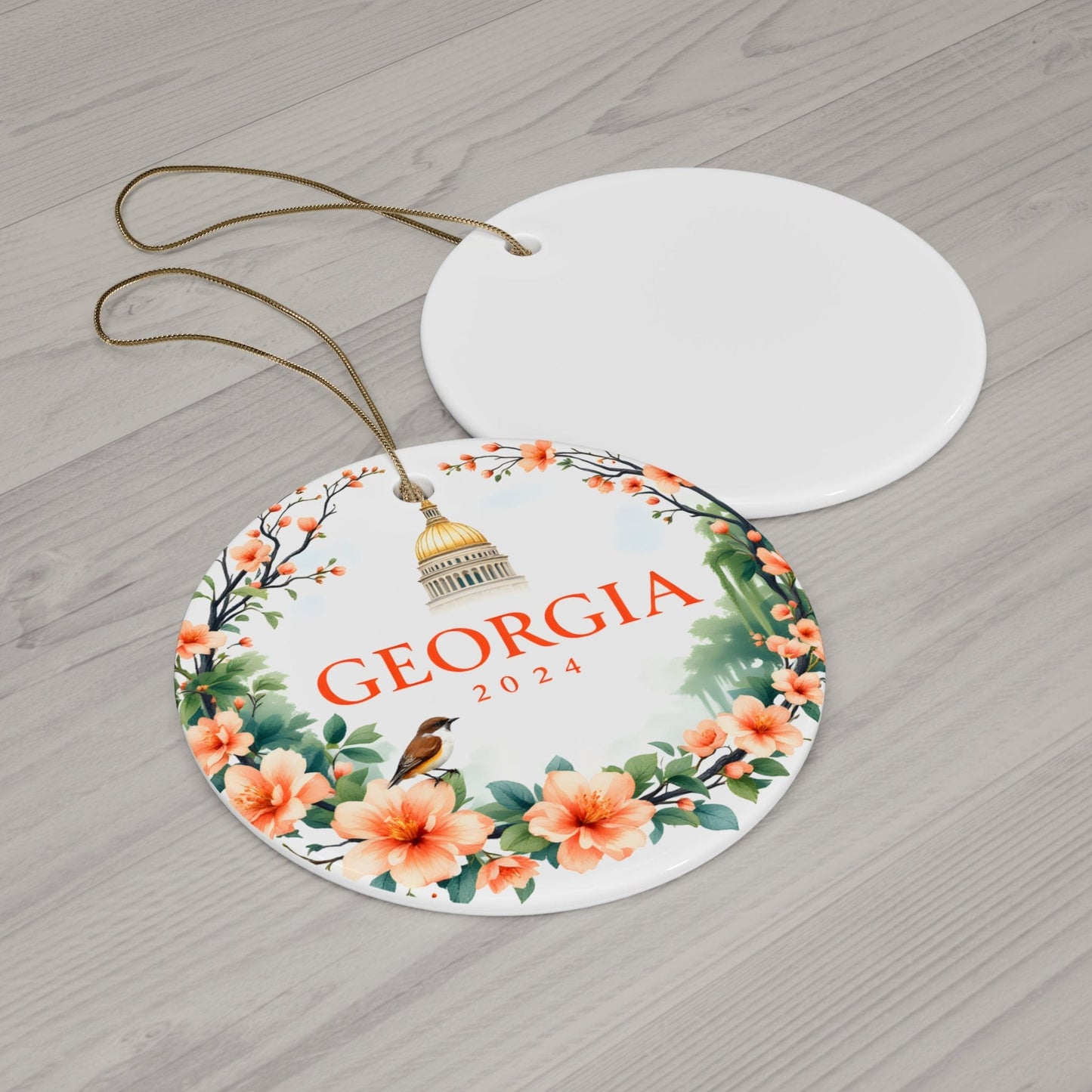 2024 Georgia Peach Ceramic Christmas Ornament - Unique Artist-Designed Flat Circle Bauble (3mm) | Perfect Gift for Family, Friends & Coworkers