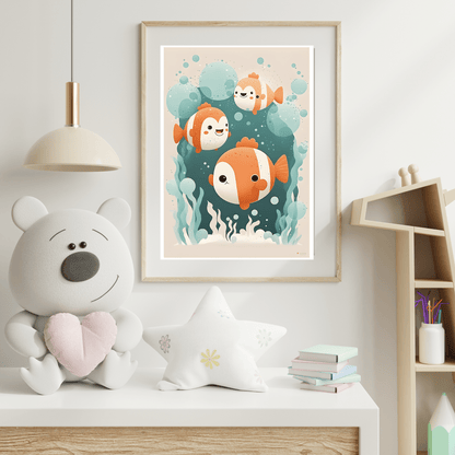 nursery table desk with a framed poster of clown fish in the centre