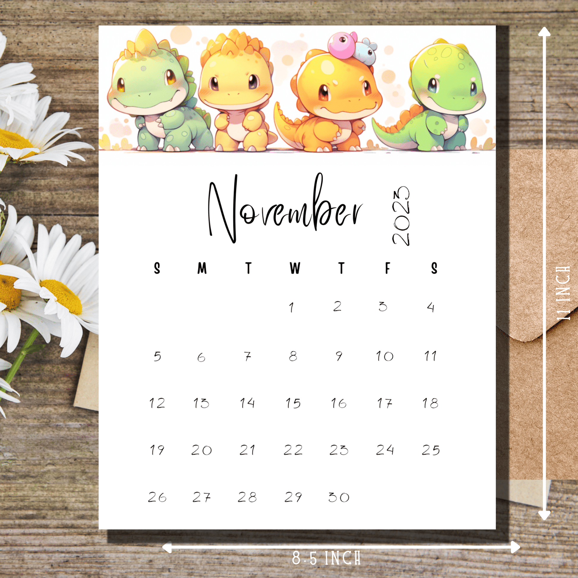 Printable November 2023 calendar in A4 and 8.5x11 inch sizes, decorated with adorable dinosaurs to make planning fun for children.