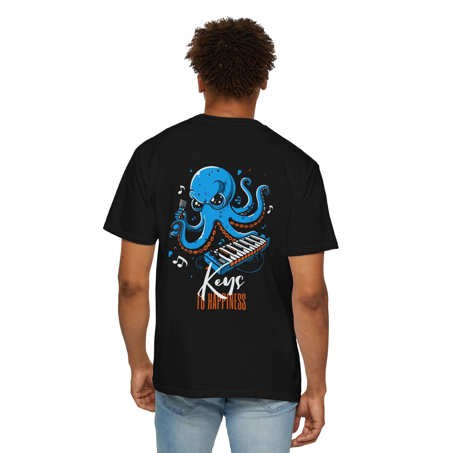 Keys to Happiness Oversized Funny Octopus Graphic Tee Back Print Unisex - Black/Graphite, Gift for Paino Lover