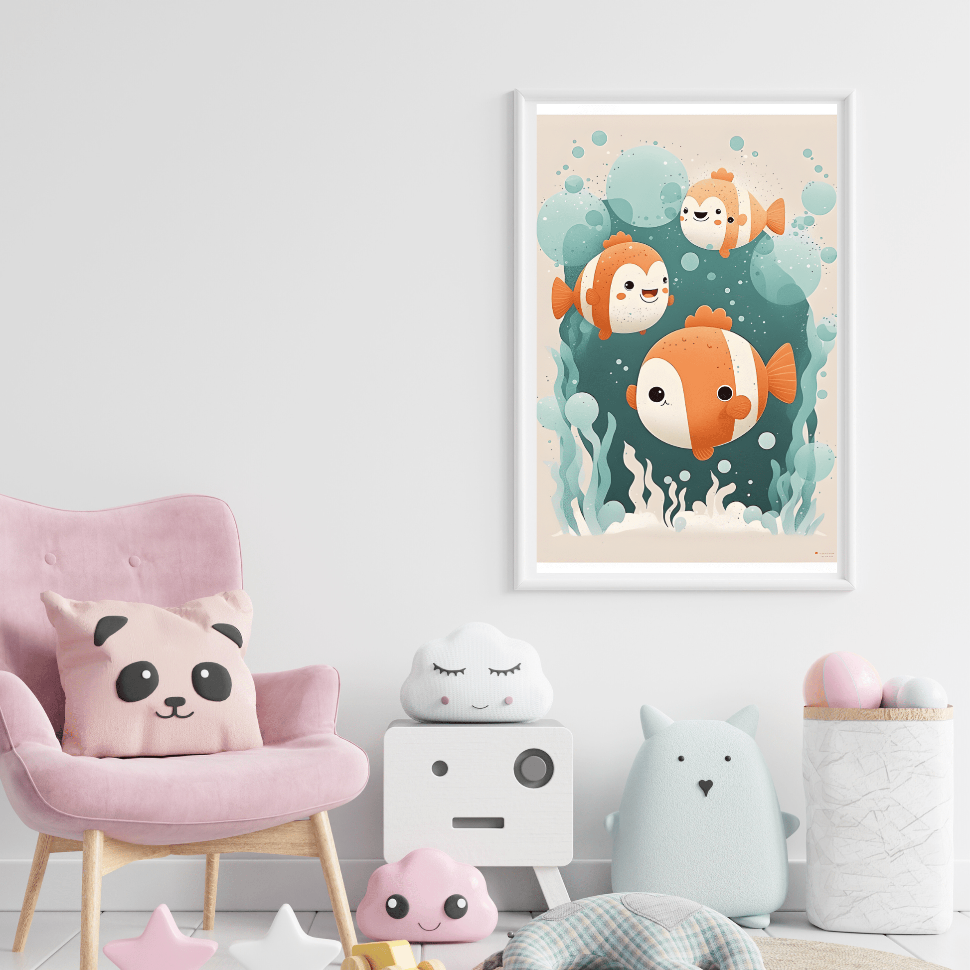 framed poster of clown fish in a kids room